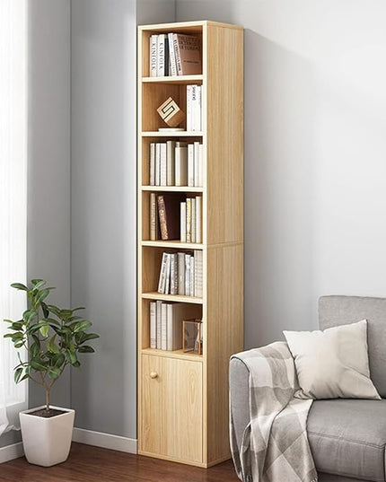 IOTXY Small Narrow Corner Bookcase - 71 Inches Tall Gap Freestanding Storage Cabinet, 7 Lattices Open Shelves Tower Rack with Door, Cubes Bookshelf in Oak - LeafyLoom