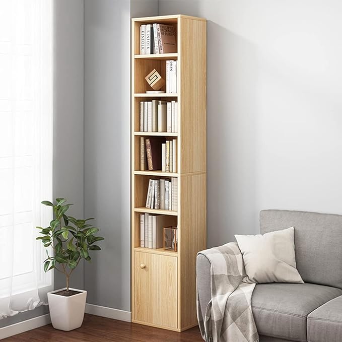 IOTXY Small Narrow Corner Bookcase - 71 Inches Tall Gap Freestanding Storage Cabinet, 7 Lattices Open Shelves Tower Rack with Door, Cubes Bookshelf in Oak - LeafyLoom
