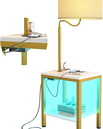 LED Floor Lamp with Table, Side Table with LED Light and Power Outlet, Nightstand with Lamp, End Table with Lamp Attached for Living Room, Bedroom, USB Ports, Bulb Included, White, 2 Pack - LeafyLoom