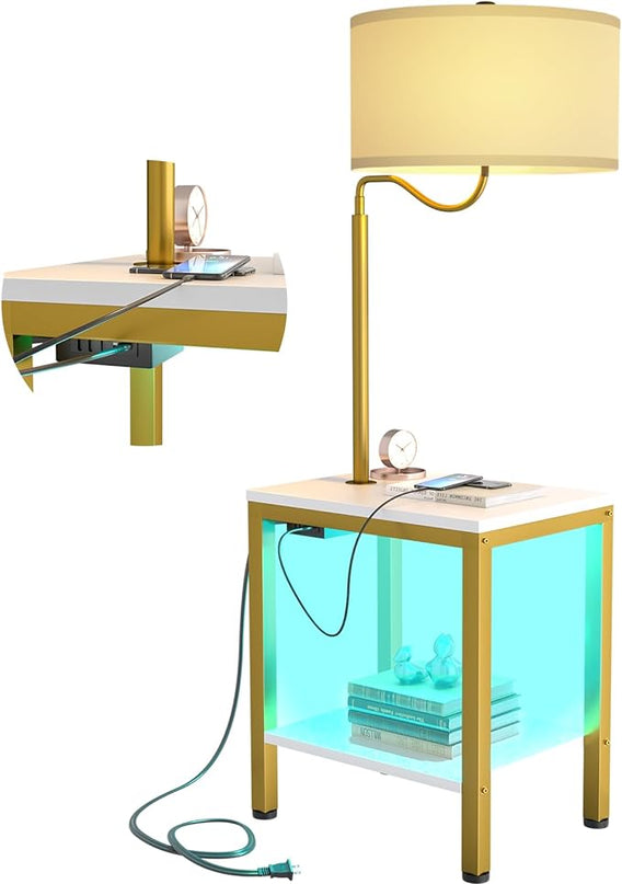 LED Floor Lamp with Table, Side Table with LED Light and Power Outlet, Nightstand with Lamp, End Table with Lamp Attached for Living Room, Bedroom, USB Ports, Bulb Included, White, 2 Pack - LeafyLoom