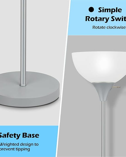 Floor Lamp, LED Standing Lamps with White Plastic Shade, Modern Corner Floor Lamp, Simple Tall Lamps for Living Room Bedroom, Rotary Switch, E26 Base, Bulb not Included, Sliver Grey - LeafyLoom