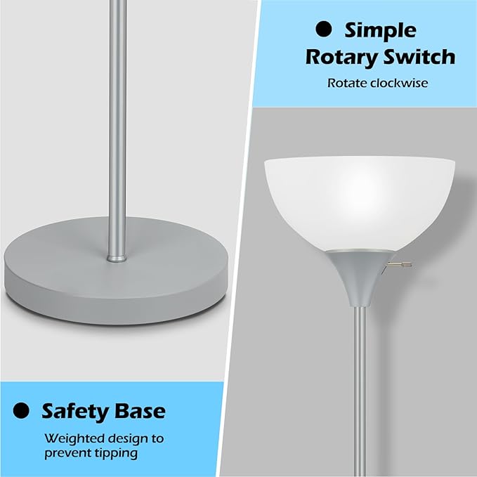 Floor Lamp, LED Standing Lamps with White Plastic Shade, Modern Corner Floor Lamp, Simple Tall Lamps for Living Room Bedroom, Rotary Switch, E26 Base, Bulb not Included, Sliver Grey - LeafyLoom