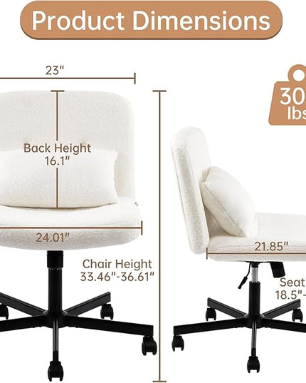 Boucle Criss Cross Armless Home Office Chair with Replaceable Wheels/Fixed Base and Back Support for Living Room, Wide Seat Adjustable Legged Swivel Chair, Comfy Computer Chair for Vanity, White - LeafyLoom