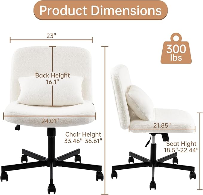 Boucle Criss Cross Armless Home Office Chair with Replaceable Wheels/Fixed Base and Back Support for Living Room, Wide Seat Adjustable Legged Swivel Chair, Comfy Computer Chair for Vanity, White - LeafyLoom