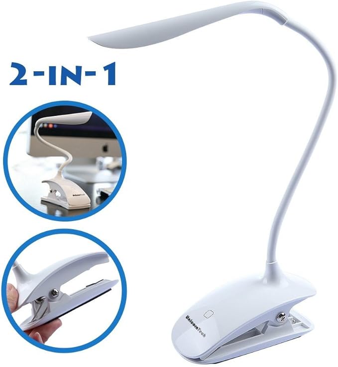 Clip Desk Lamp Table LED Bulb Lamps Set USB Outlet White Modern Shade Gooseneck Dimmable Light Clamp Base Touch Sensor Switch Charging Battery Office Room Bedroom Dorm Kids Small Girls Study Reading - LeafyLoom