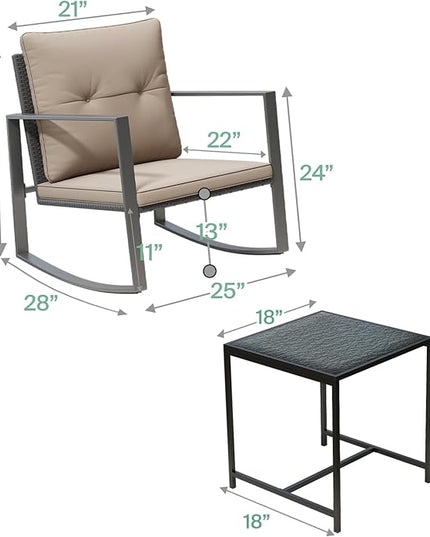 3 Piece Rocking Bistro Set - Synthetic Wicker Outdoor Furniture - Glass Coffee Table with 2 Chairs for Balcony, Patio & Porch - Black Metal, Soft Cushions (Coffee) - LeafyLoom