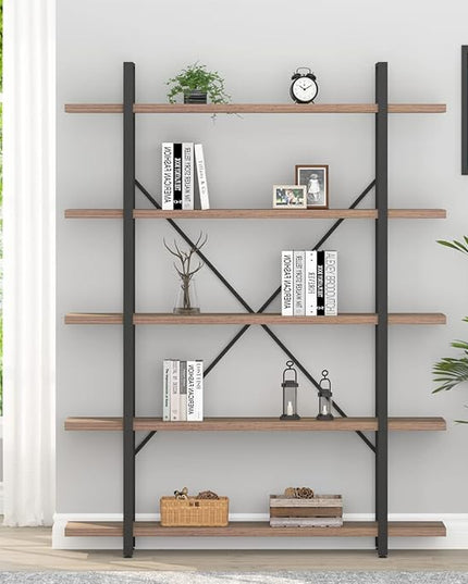 HSH Industrial Wood and Metal 5 Tier Bookshelf, Large Tall Open Rustic Wide Etagere Bookcase, Vintage Farmhouse Modern Wooden Big Book Shelf for Home Living Room Bedroom Office Storage, Rustic Oak - LeafyLoom
