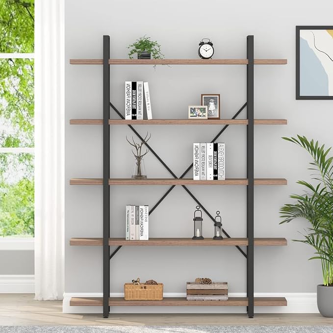HSH Industrial Wood and Metal 5 Tier Bookshelf, Large Tall Open Rustic Wide Etagere Bookcase, Vintage Farmhouse Modern Wooden Big Book Shelf for Home Living Room Bedroom Office Storage, Rustic Oak - LeafyLoom