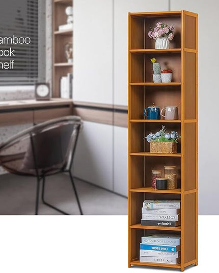 MoNiBloom Bamboo 7 Tier Free Standing Tall Bookcase Narrow Display Storage Shelves Collection Décor Furniture for Home Living Room Study Room, Brown - LeafyLoom