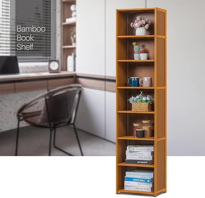 MoNiBloom Bamboo 7 Tier Free Standing Tall Bookcase Narrow Display Storage Shelves Collection Décor Furniture for Home Living Room Study Room, Brown - LeafyLoom