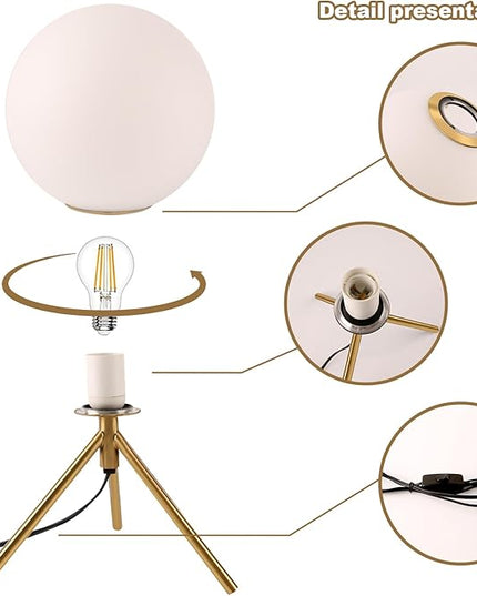 Mid century modern desk lamp with a golden base and white glass ball lampshade, suitable for 3 tone lighting in bedside bedrooms, living rooms, offices, libraries, and study rooms - LeafyLoom