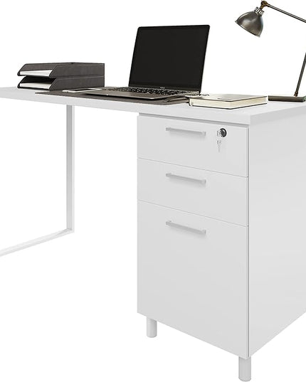 Milano Home Office Desk - 47 Inch White/White Home Office Desk with Drawers - Modern Computer Desk with Storage, Detachable & Lockable Computer Cabinet - Wooden Office, Study, and Writing Table - LeafyLoom
