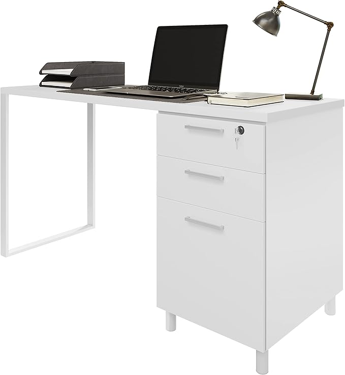 Milano Home Office Desk - 47 Inch White/White Home Office Desk with Drawers - Modern Computer Desk with Storage, Detachable & Lockable Computer Cabinet - Wooden Office, Study, and Writing Table - LeafyLoom