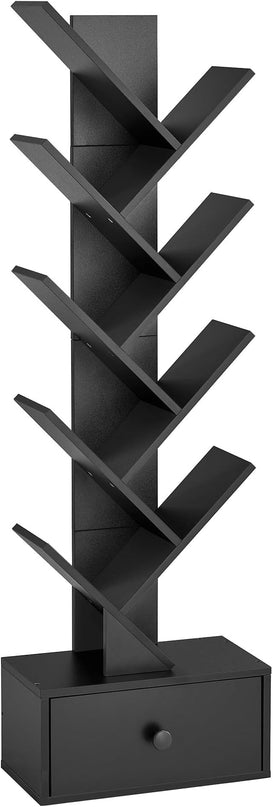 9 Tier Tree Bookshelf, Tree Bookcase with Drawer, Floor Standing Tall Wood Bookshelves, Modern Book Organizer for Living Room, Bedroom, Home Office, Black - LeafyLoom