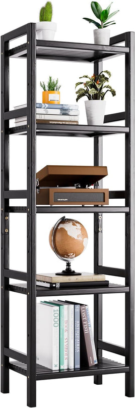 5 Tier Narrow Bookshelf, Bamboo Bookcase, Slim Tall Storage Rack Free Standing Shelving Unit with Adjustable Shelves for Living Room Bedroom Bathroom, Black - LeafyLoom