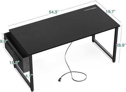 AODK 55 inch Small Computer Desk with Power Outlet for Small Spaces Home Office Student Laptop PC Writing Desks with Storage Bag Headphone Hook, Black - LeafyLoom