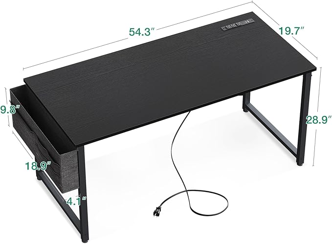 AODK 55 inch Small Computer Desk with Power Outlet for Small Spaces Home Office Student Laptop PC Writing Desks with Storage Bag Headphone Hook, Black - LeafyLoom