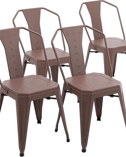 Modern Dining Chair Set of 4, Stackable Metal Chairs, Waterproof Counter Bar Chairs with High Backrest, Quick Assembly Cafe Chairs, Tolix Style for Home, Kitchen and Bar Use, Brown - LeafyLoom