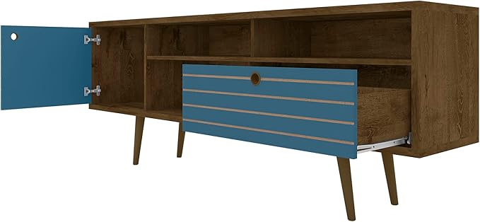 Manhattan Comfort Liberty Mid Century Modern TV Stand for Televisions up to 65 Inches, Bedroom and Living Room Entertainment Center with Storage, Shelves, and Cabinet, 71" Wide, Rustic Brown/Aqua - LeafyLoom