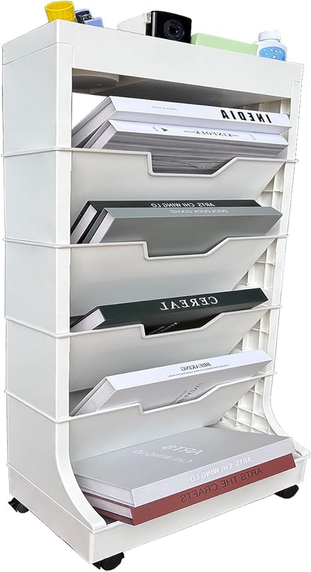 6 Tier Book Rack Storage Bookshelf, Removable Movable Bookshelf with Wheels, Mobile Unique Bookcase, Rolling Book Cart for Study in School Office, White - LeafyLoom