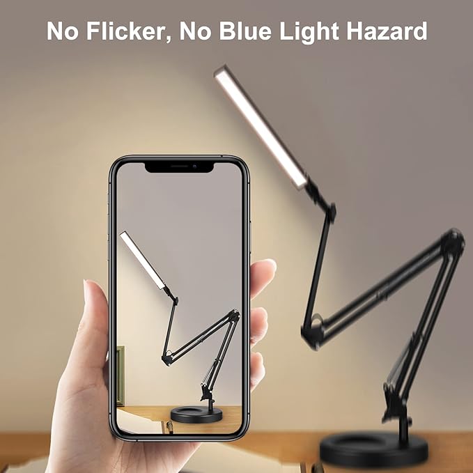 Desk Lamps for Home Office, 2-in-1 LED Desk Lamp, 3-Section Long Arm Desk Light with Clamp and Base, Adjustable Table Lamp with 3 Colors Modes, 10 Dimmer Levels and Memory Function - LeafyLoom