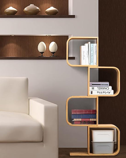 4-Tier S-Shaped Geometric Modern Bamboo Bookshelf, Large Capacity Creative Display Curved Rack Free-standing Bedside Table 2 in 1 Bookcase Storage CDs, DVDs Book Shelf for Home, Office, Living Room - LeafyLoom