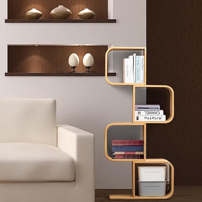 4-Tier S-Shaped Geometric Modern Bamboo Bookshelf, Large Capacity Creative Display Curved Rack Free-standing Bedside Table 2 in 1 Bookcase Storage CDs, DVDs Book Shelf for Home, Office, Living Room - LeafyLoom