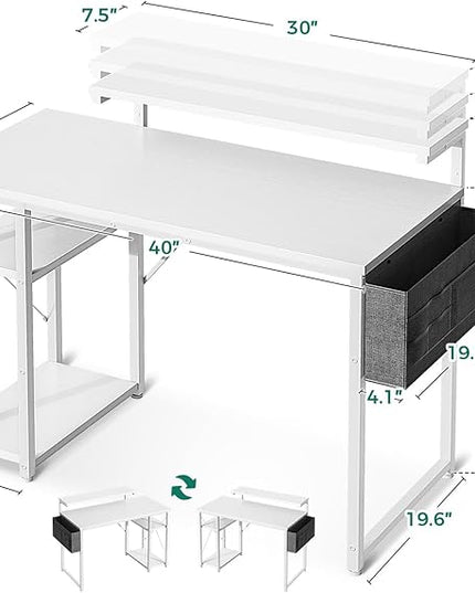 KKL 40 inch Small Computer Desk with Adjustable Monitor Stand, Home Office Desk & Workstation with Storage Shelves, Reversible Work Writing Study Table for Bedroom, White - LeafyLoom