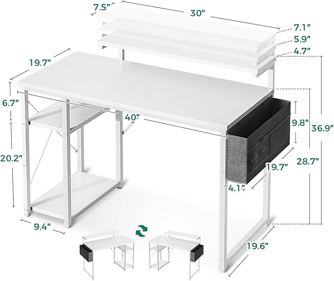 KKL 40 inch Small Computer Desk with Adjustable Monitor Stand, Home Office Desk & Workstation with Storage Shelves, Reversible Work Writing Study Table for Bedroom, White - LeafyLoom