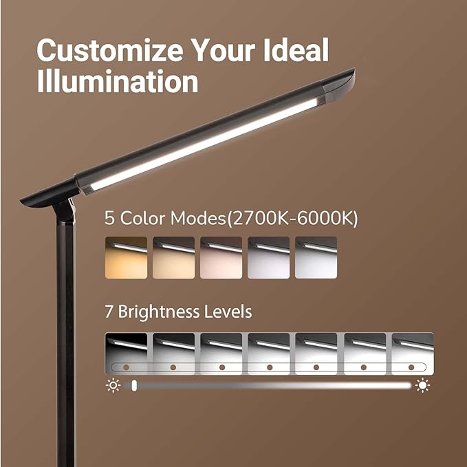 LED Desk Lamp, Eye-Caring Table Lamp with USB Charging Port, 35 Lighting Modes, Touch/Memory Function, Dimmable Reading Lamp Task Lamp Desk Lamps for Home Office (Black) - LeafyLoom