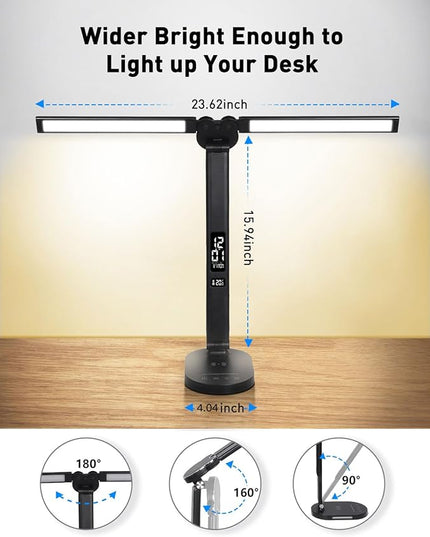 LED Desk Lamps for Home Office, Double Head Table Lamp with Wireless Charger, USB Charging Port, Clock, Alarm, Date, Temperature, Bedside Nightstand Light with Night Light for Bedroom Reading 14W - LeafyLoom