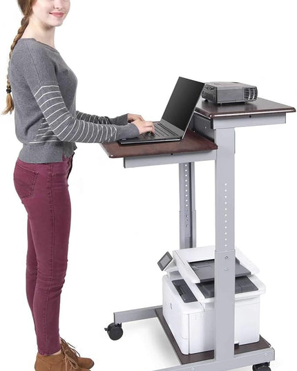 Stand Up Desk Store Rolling Adjustable Height Two Tier Standing Desk Computer Workstation (Silver Frame/Dark Walnut Top, 24" Wide) - LeafyLoom
