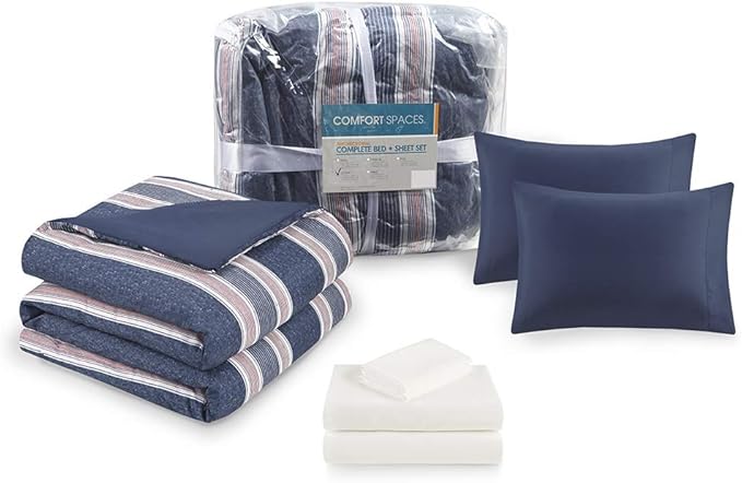 Comfort Spaces Bed in A Bag Comforter Set - College Dorm Room Essentials for Boys Men Bedding, Complete Dormitory Bedroom Pack And Sheet with 2 Side Pockets, Queen, Stripes Navy/Red - LeafyLoom