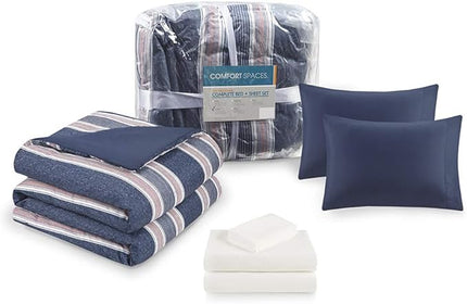 Comfort Spaces Bed in A Bag Comforter Set - College Dorm Room Essentials for Boys Men Bedding, Complete Dormitory Bedroom Pack And Sheet with 2 Side Pockets, Full, Stripes Navy/Red - LeafyLoom