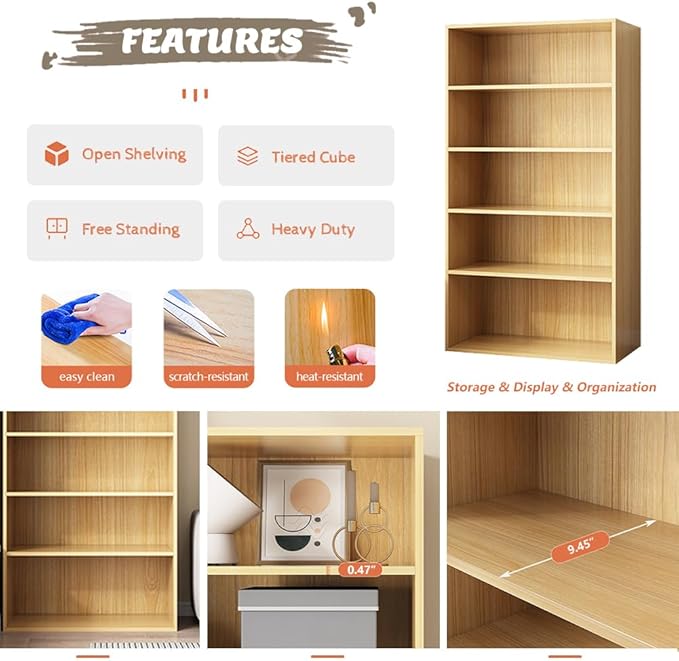Basic Open Shelf Bookcase - 4-Tier Wooden Cube Storage Shelves Split Bookshelf, Oak - LeafyLoom