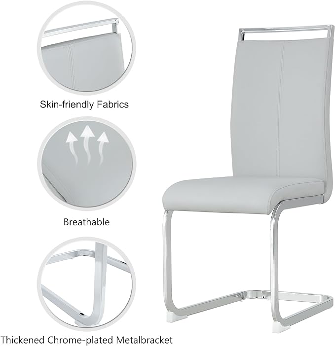 Dining Chairs Set, Kitchen Modern Metal Chairs with Faux Leather Padded Seat High Back and Sturdy Chrome Legs, Chairs for Dining Room (Light Gray, Set of 2) - LeafyLoom