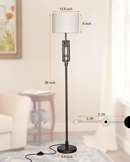 SURAIELEC Farmhouse Floor Lamp with LED Nightlight Bulb, Rustic Tall Lamps for Cabin, Traditional Standing Lamps for Bedroom, Beige Linen Drum Shade, Oil Rubbed Bronze Finish, Foot Switch - LeafyLoom