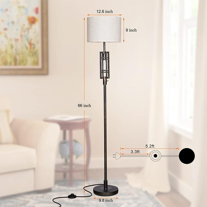 SURAIELEC Farmhouse Floor Lamp with LED Nightlight Bulb, Rustic Tall Lamps for Cabin, Traditional Standing Lamps for Bedroom, Beige Linen Drum Shade, Oil Rubbed Bronze Finish, Foot Switch - LeafyLoom