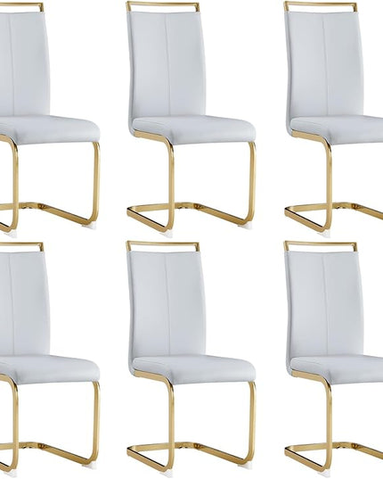 Modern Dining Chairs Set of 6,High Back Light Grey Kitchen Chairs,Faux Leather Side Chair with Gold Plated Metal Legs,Easy to Clean Upholstered Dining Chairs,Ideal for Living Room - LeafyLoom