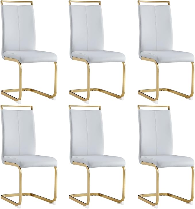 Modern Dining Chairs Set of 6,High Back Light Grey Kitchen Chairs,Faux Leather Side Chair with Gold Plated Metal Legs,Easy to Clean Upholstered Dining Chairs,Ideal for Living Room - LeafyLoom