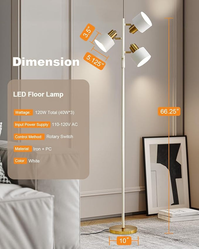 OYEARS Floor Lamp for Living Room Bright Lighting Tall Modern Industrial Vintage Standing Corner Lamps LED Metal Light Office Bedroom Study Gold Black White Matte Accent (3-Light, White) - LeafyLoom