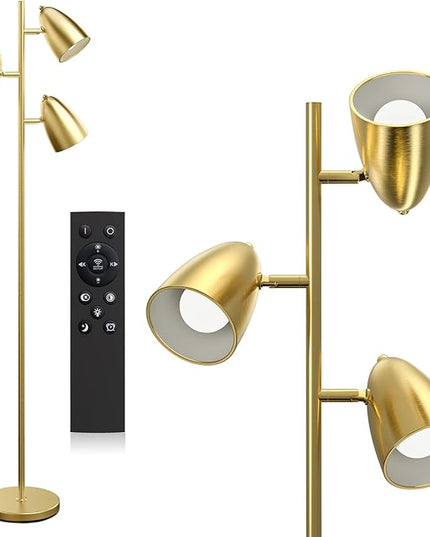 addlon Tree Floor Lamp with remote, 3 Adjustable Rotating Light and Matching LED Bulbs, Standing Tall Pole Lamps for Living Room, Bedroom, Home, Office - Gold - LeafyLoom