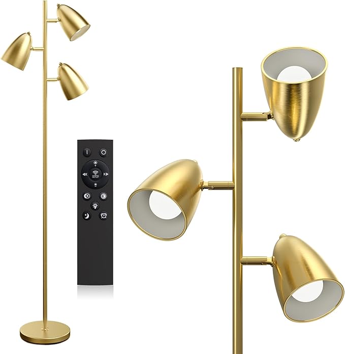 addlon Tree Floor Lamp with remote, 3 Adjustable Rotating Light and Matching LED Bulbs, Standing Tall Pole Lamps for Living Room, Bedroom, Home, Office - Gold - LeafyLoom