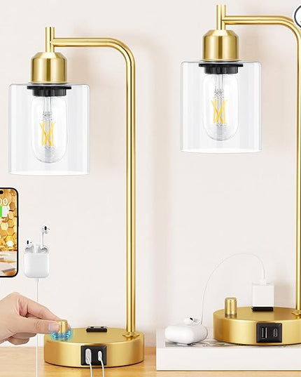 Industrial Table Lamps for Bedroom Set of 2 - Fully Dimmable Bedside Lamps with USB Ports and Outlet, Gold Nightstand Lamps with Clear Glass Shade for Living Room, Desk Lamps for Office Reading - LeafyLoom