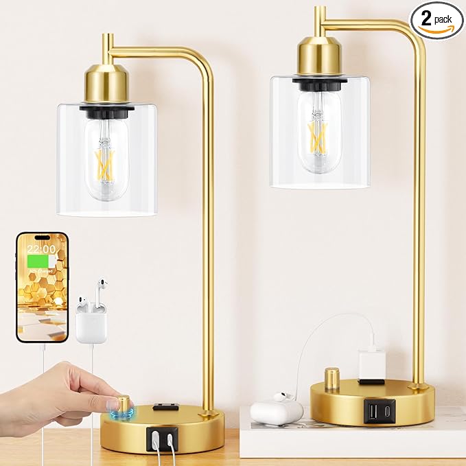 Industrial Table Lamps for Bedroom Set of 2 - Fully Dimmable Bedside Lamps with USB Ports and Outlet, Gold Nightstand Lamps with Clear Glass Shade for Living Room, Desk Lamps for Office Reading - LeafyLoom