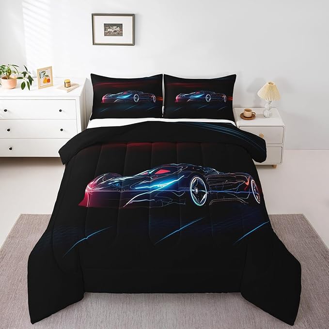Feelyou Red Blue Race Car Bedding Set King Size for Kids Boys Extreme Sport Games Comforter Set Teens Toddler Fast and Furious Duvet Set Cool Modern Quilt Set 3Pcs - LeafyLoom