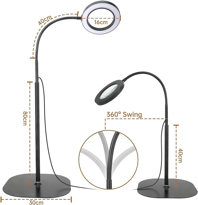 5X 10X Magnifying Glass with Light and Stand, 2-in-1Magnifying Floor Lamp with 36 Adjustable Brightness LED, Flexible Gooseneck Floor Standing Magnifying Lamp for Close Work, Craft, Reading - LeafyLoom