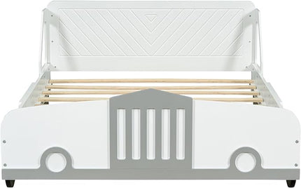 Full Size Car-Shaped Platform Bed with Wheels,Wood Bedframe W/Rails on Both Sides & Slat Support,No Box Spring Needed,Fun Play for Boys Kids Toddlers Child's Bedroom,White - LeafyLoom