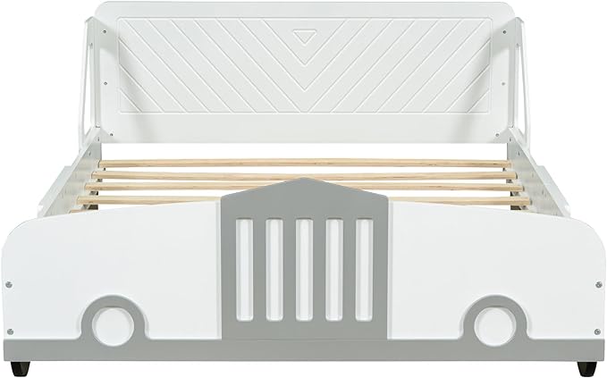 Full Size Car-Shaped Platform Bed with Wheels,Wood Bedframe W/Rails on Both Sides & Slat Support,No Box Spring Needed,Fun Play for Boys Kids Toddlers Child's Bedroom,White - LeafyLoom