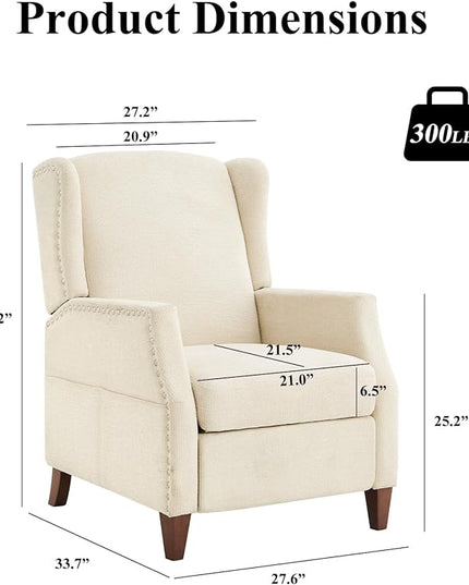 COLAMY Wingback Pushback Recliner Chair with Storage Pocket, Upholstered Fabric Living Room Chair Armchair with Wood Legs and Nailhead Trim, Beige - LeafyLoom